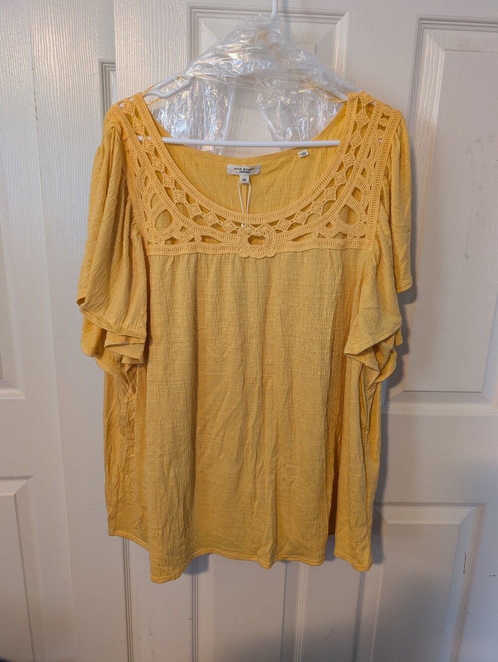 3x Max Studio - Boho Crochet Yoke Short Sleeve Top - Yellow JMSY08
